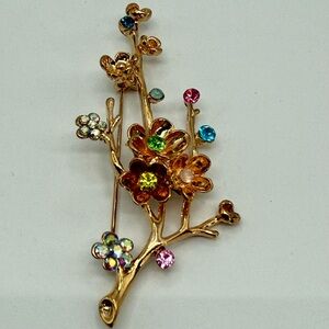 Gold Colored Metal Floral Multicolor Gemstone Branch Pin Brooch 3 1/4”